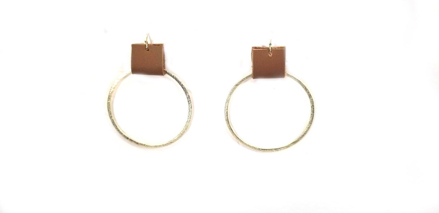 Brushed gold or silver hoop earrings with leather accents--3 sizes