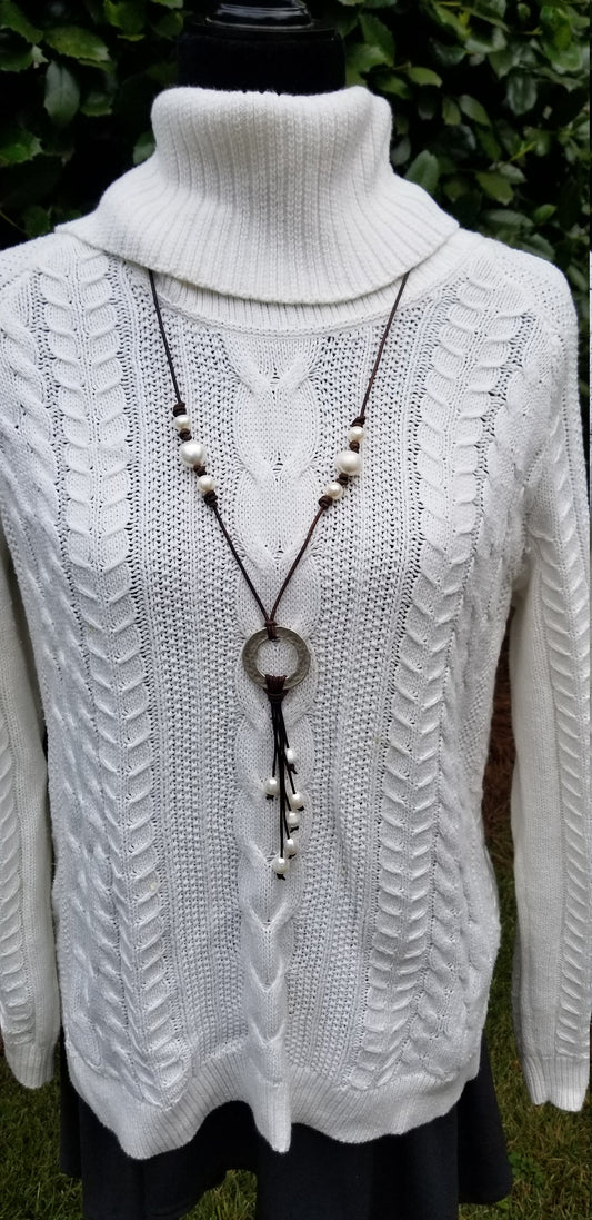 Leather and pearl necklace with silver ring/ cascading pearls/ adjustable necklace