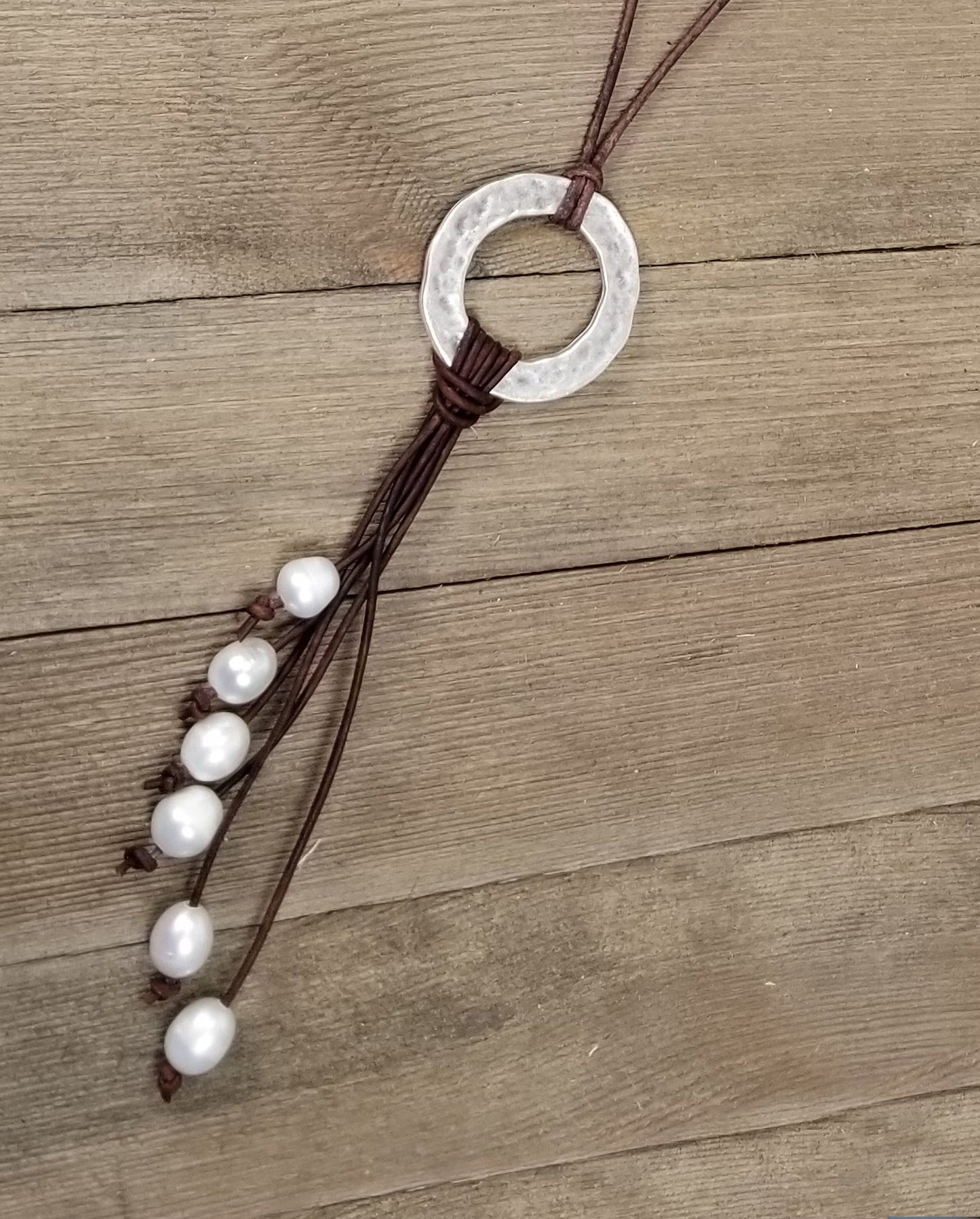 Leather and pearl necklace with silver ring/ cascading pearls/ adjustable necklace