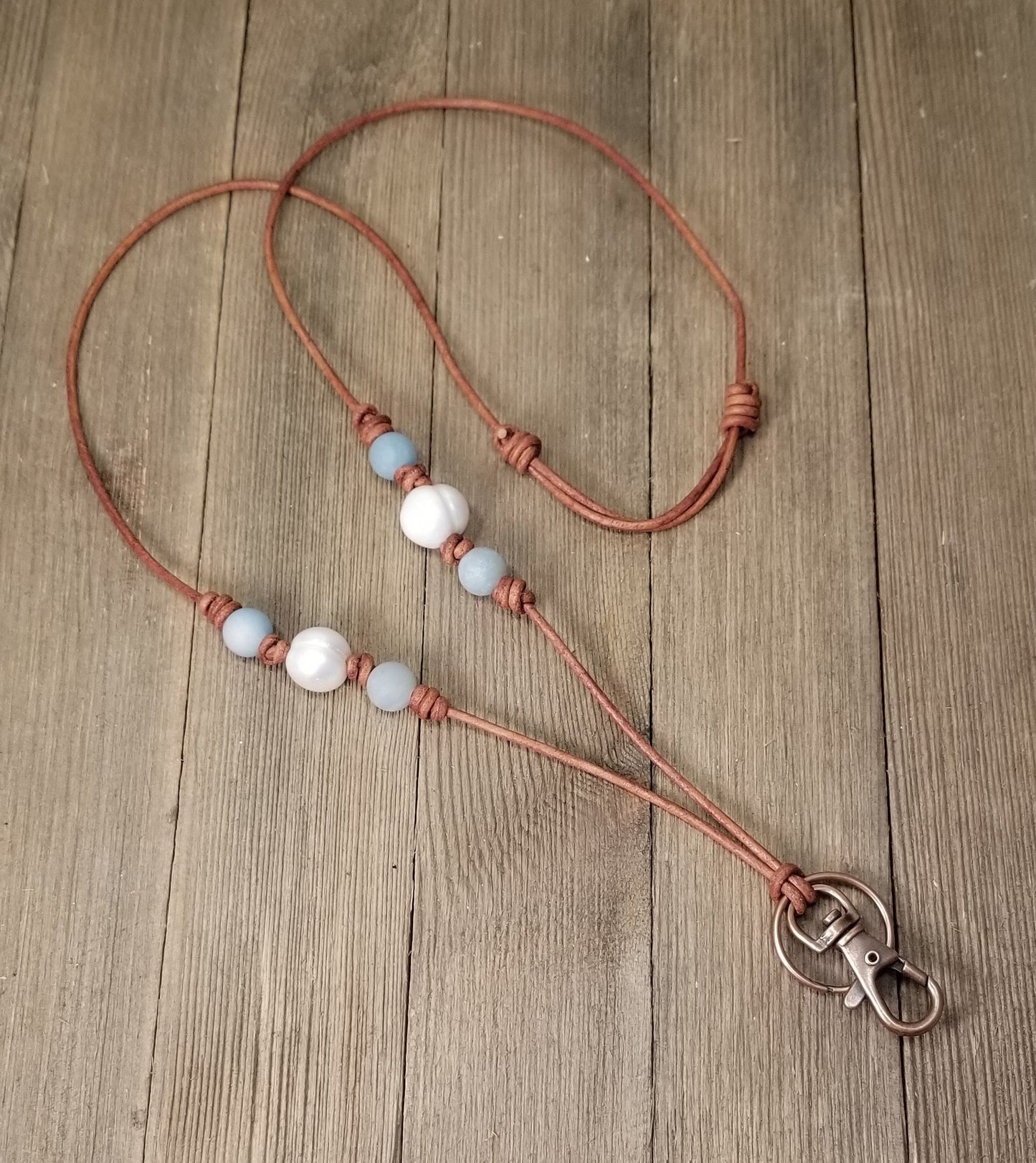 Leather, pearl and amazonite lanyard/ name badge holder/ key holder necklace