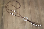 Leather and pearl necklace with silver ring/ cascading pearls/ adjustable necklace