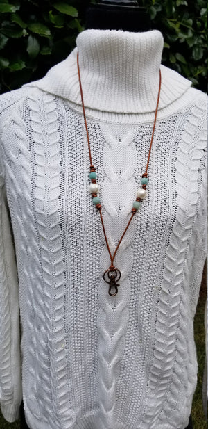 Leather, pearl and amazonite lanyard/ name badge holder/ key holder necklace