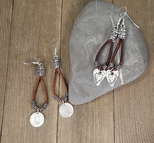 Leather and silver dangle earrings with coin or heart charm