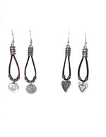 Leather and silver dangle earrings with coin or heart charm