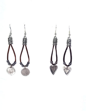 Leather and silver dangle earrings with coin or heart charm