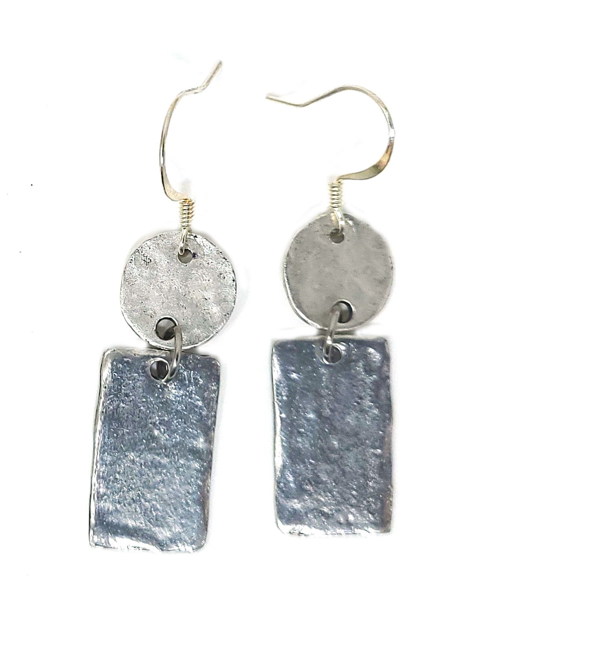 Rustic hammered pewter rectangle dangle earrings, minimalist earrings in gold or silver